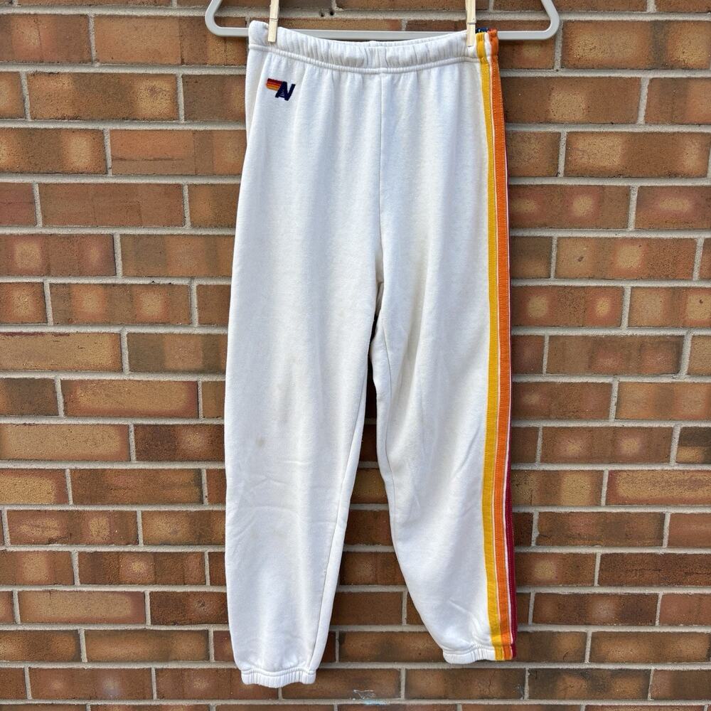 Aviator Nation 5 Stripe Sweatpants Cream Rainbow Womens XS Stains Flaws
